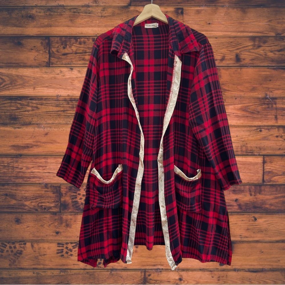 5 for $25🔥Southern Stitch Red Plaid Gold Velvet Trimmed‎ Cardigan Duster L-XL